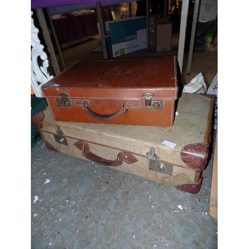 244 - 2 X VINTAGE SUIT/ATTACHE CASES. A CANVAS, AND A SMALLER LEATHER. BOTH WITH INITIALS.