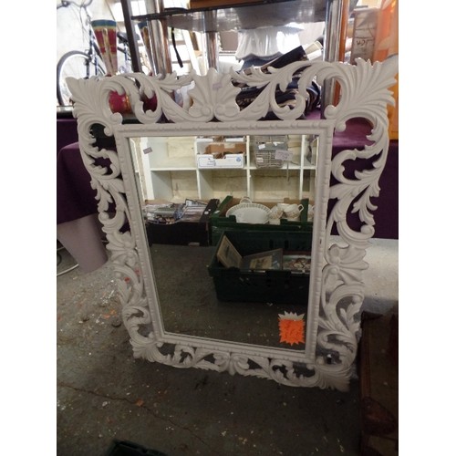 242 - LARGE WALL MIRROR WITH HIGH-GLOSS WHITE SCROLL FRAME. BEVELLED GLASS.