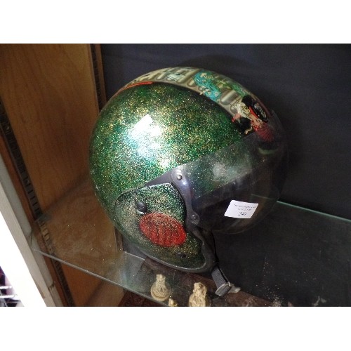 240 - CUSTOMISED FIBREGLASS MOTORCYCLE HELMET WITH DARK GREEN  & GOLD SPARKLY FINISH. TRANSFERS RUNNING FR... 