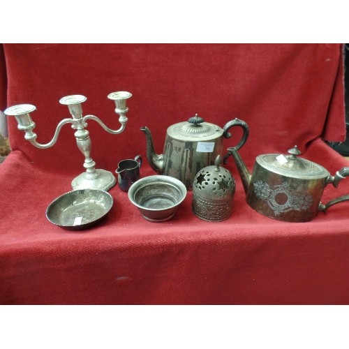 284 - LOVELY VINTAGE SILVER-PLATED ITEMS. ETCHED TEAPOTS, CANDELABRA, DISHES ETC.