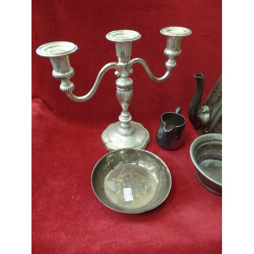 284 - LOVELY VINTAGE SILVER-PLATED ITEMS. ETCHED TEAPOTS, CANDELABRA, DISHES ETC.