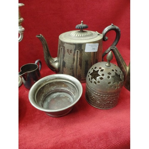 284 - LOVELY VINTAGE SILVER-PLATED ITEMS. ETCHED TEAPOTS, CANDELABRA, DISHES ETC.