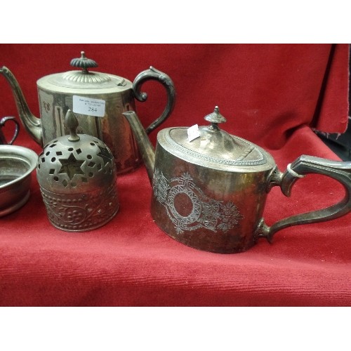 284 - LOVELY VINTAGE SILVER-PLATED ITEMS. ETCHED TEAPOTS, CANDELABRA, DISHES ETC.