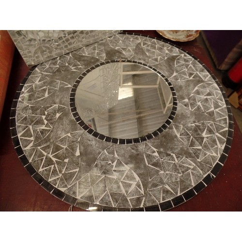 310 - 2 X MOSAIC MIRRORS. CIRCULAR & RECTANGULAR, IN WHITES, GREYS, SILVER.