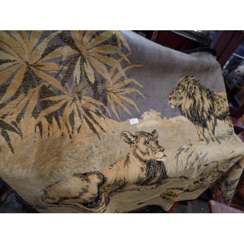 322 - LOVELY  WALL HANGING/RUG, WITH PRIDE OF LIONS. IN GOLD AND GREY. 55