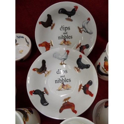 329 - LOVELY BONE CHINA CHICKEN/ROOSTER MUGS, DIPS & NIBBLES BOWLS, SERVING DISH ETC.