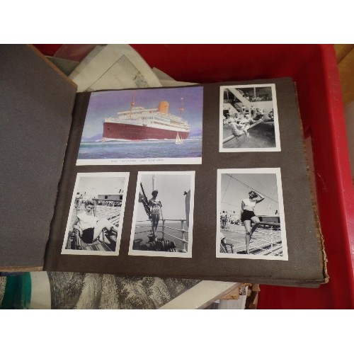 339 - LARGE BOX OF EPHEMERA. INCLUDES VINTAGE PHOTOGRAPH ALBUMS, POSTCARD ALBUMS, OLD NEWSPAPERS, POSTCARD... 