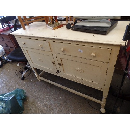 483 - VINTAGE CREAM PAINTED DRESSER. LOVELY SHAPE WITH MULTI FACETED PAINTED HANDLES.