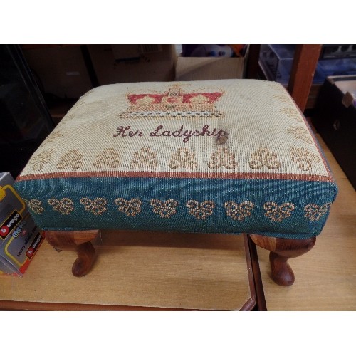 359 - FOOT STOOL ON CABRIOLE LEGS. TAPESTRY STYLE TOP WITH A CROWN & THE WORDS 'HER LADYSHIP'