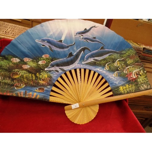 375 - VERY LARGE DECORATIVE BAMBOO FAN. HAND-PAINTED UNDERWATER SCENE WITH DOLPHINS & TROPICAL FISH.