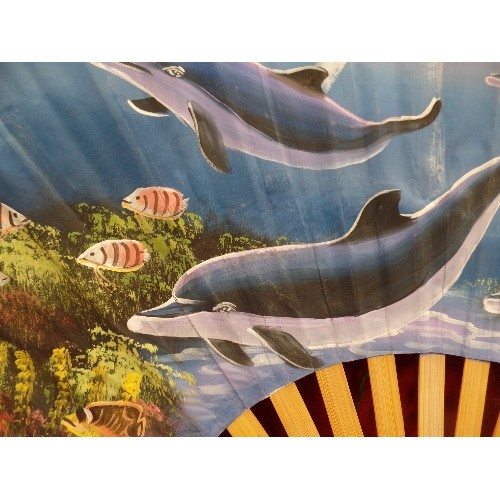 375 - VERY LARGE DECORATIVE BAMBOO FAN. HAND-PAINTED UNDERWATER SCENE WITH DOLPHINS & TROPICAL FISH.