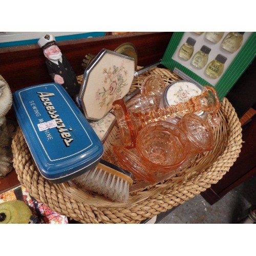 397 - SHELF OF MIXED ITEMS. JAPANESE PLATES, MANTLE CLOCK, SHIP IN BOTTLE, LOVELY OWL, VINTAGE DRESSING TA... 