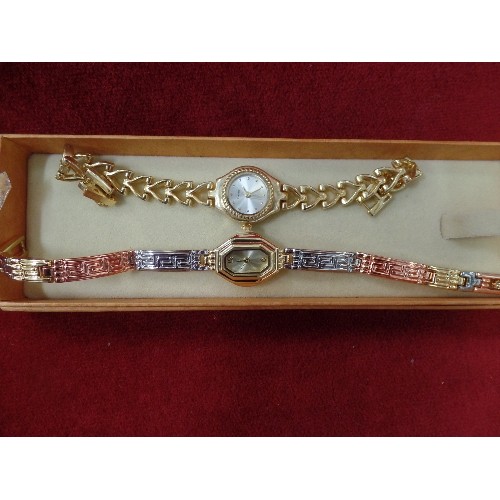 402 - 3 QUARTZ WATCHES [APPEAR NEW] VINTAGE CLIP-ON & 'PIERCED' EARRINGS. ALSO 2 STRINGS OF PEARLS.