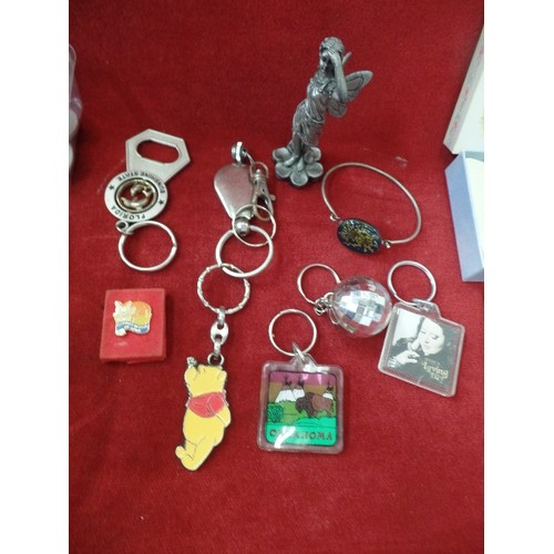 404 - BOX OF ODDS & ENDS. INC KEYRINGS, BEATIX POTTER ENAMEL BROOCH, PIN BADGES, JEWELLERY, MAGNETIC COMPA... 