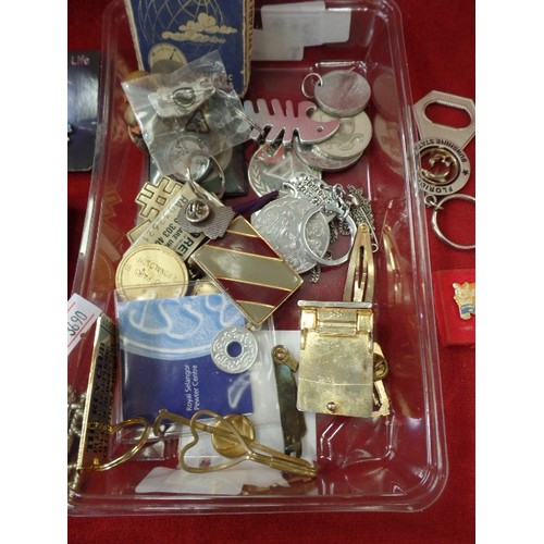 404 - BOX OF ODDS & ENDS. INC KEYRINGS, BEATIX POTTER ENAMEL BROOCH, PIN BADGES, JEWELLERY, MAGNETIC COMPA... 