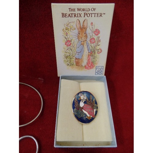 404 - BOX OF ODDS & ENDS. INC KEYRINGS, BEATIX POTTER ENAMEL BROOCH, PIN BADGES, JEWELLERY, MAGNETIC COMPA... 