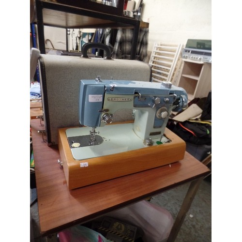 416 - BROTHER RETRO SEWING MACHINE. IN 2-TONE BLUE/GREEN. WITH CARRY CASE.