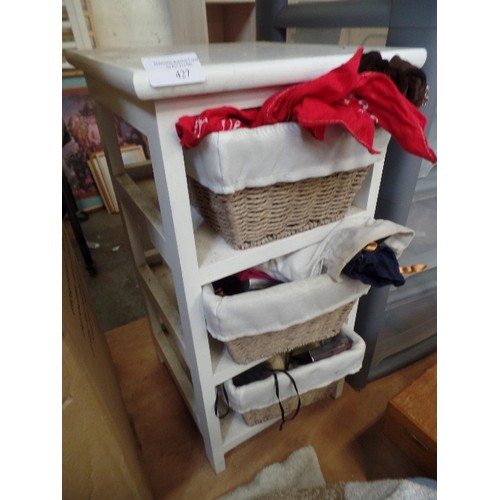 427 - SMALL 3-BASKET CABINET WITH CONTENTS. TOP BASKET FULL OF SCARVES & HAIR STUFF. BOTTOM 2 FULL OF COSM... 