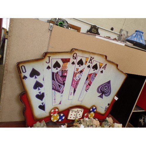 439 - VINTAGE WOODEN CASINO WALL SIGN. FEATURES PLAYING CARDS, DICE AND CHIPS.