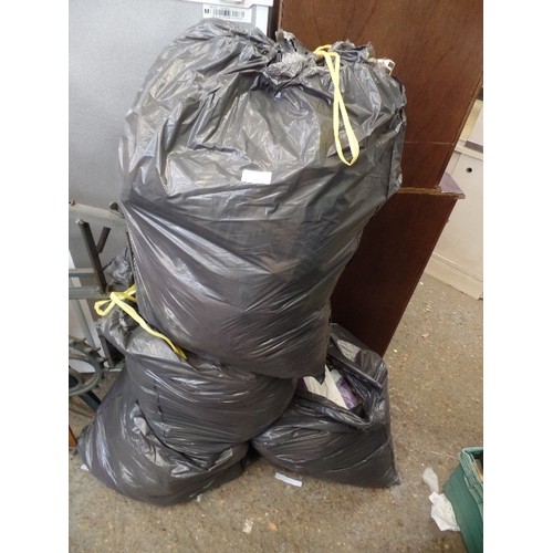 453 - 5 LINEN FILLED BIN BAGS. MIXED BEDDING, CLOTHING, HOUSEHOLD.