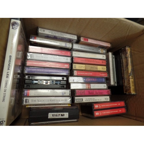 SMALL BOX OF MUSIC CASSETTES. AND 3 LARGE CRATES FULL OF MUSIC DVD'S ...