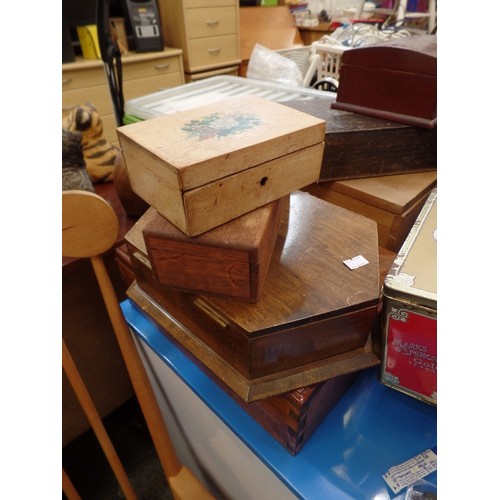 472 - COLLECTION OF 7 VINTAGE WOODEN BOXES. ALSO BRANDED TINS, INC SMASH POTATO. M&S GOLD TEA BAGS.