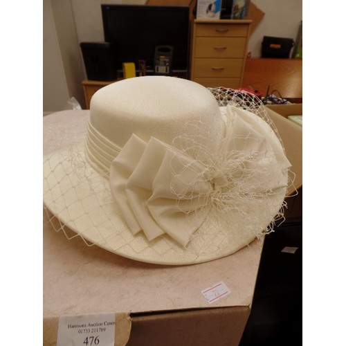 476 - 2 VINTAGE WEDDING/EVENT HATS. CREAM WITH LARGE BOW, AND BABY BLUE WITH NETTING AND FEATHER. ALSO A L... 