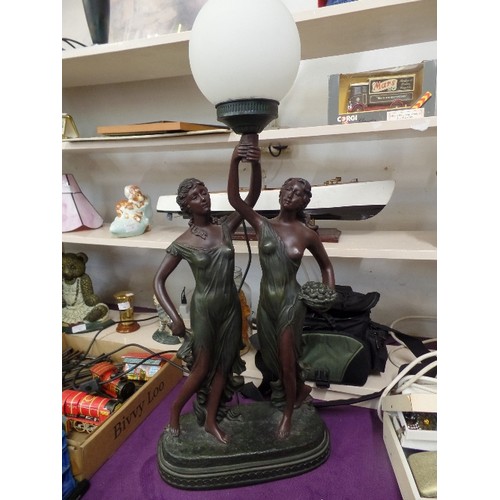 65 - LARGE TABLE LAMP, VERY STRIKING PIECE WITH PAIR OF 'BRONZED' ROMAN LADIES HOLDING FLAME TORCH, WHICH... 