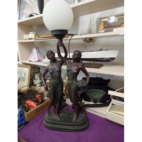 65 - LARGE TABLE LAMP, VERY STRIKING PIECE WITH PAIR OF 'BRONZED' ROMAN LADIES HOLDING FLAME TORCH, WHICH... 