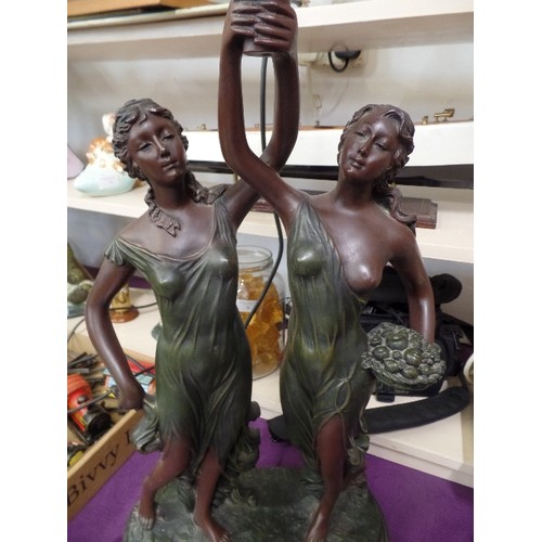 65 - LARGE TABLE LAMP, VERY STRIKING PIECE WITH PAIR OF 'BRONZED' ROMAN LADIES HOLDING FLAME TORCH, WHICH... 