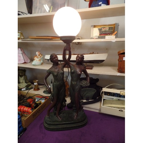 65 - LARGE TABLE LAMP, VERY STRIKING PIECE WITH PAIR OF 'BRONZED' ROMAN LADIES HOLDING FLAME TORCH, WHICH... 