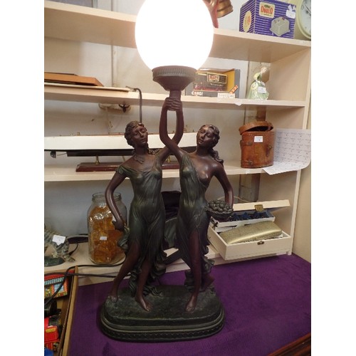 65 - LARGE TABLE LAMP, VERY STRIKING PIECE WITH PAIR OF 'BRONZED' ROMAN LADIES HOLDING FLAME TORCH, WHICH... 