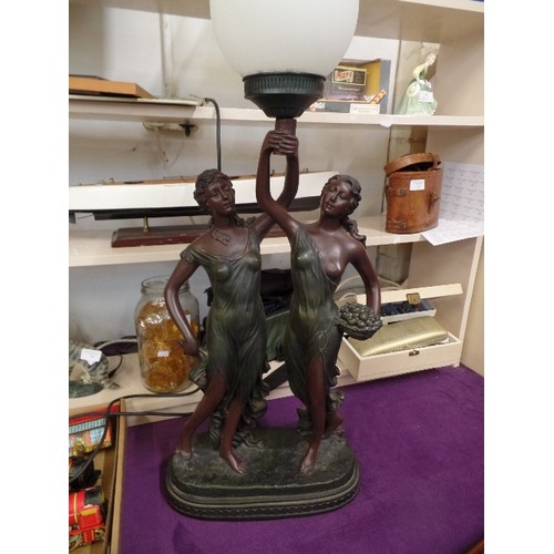 65 - LARGE TABLE LAMP, VERY STRIKING PIECE WITH PAIR OF 'BRONZED' ROMAN LADIES HOLDING FLAME TORCH, WHICH... 