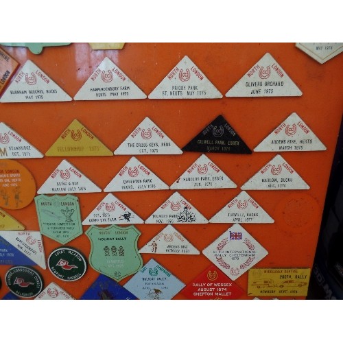 128 - RETRO-VINTAGE CARAVAN RALLY BADGES. DISPLAYED ON ORANGE PERSPEX BOARD.