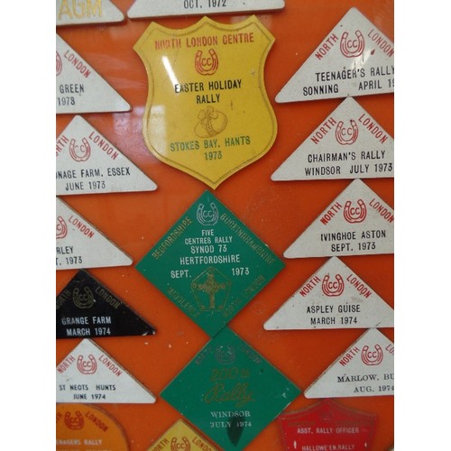 128 - RETRO-VINTAGE CARAVAN RALLY BADGES. DISPLAYED ON ORANGE PERSPEX BOARD.