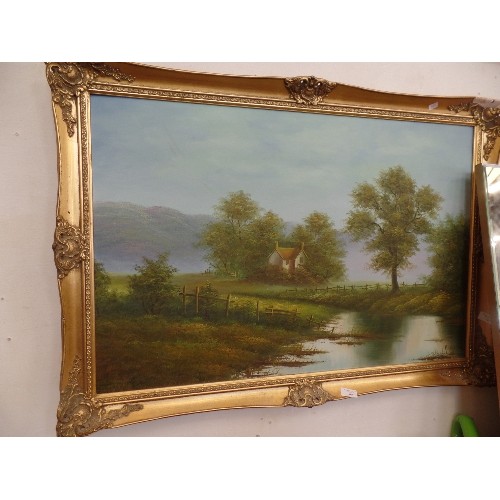 168 - LARGE 'CONSTABLE STYLE' OIL PAINTING IN GILT FRAME. TOP RIGHT CORNER OF FRAME HAS SLIGHT DAMAGE.