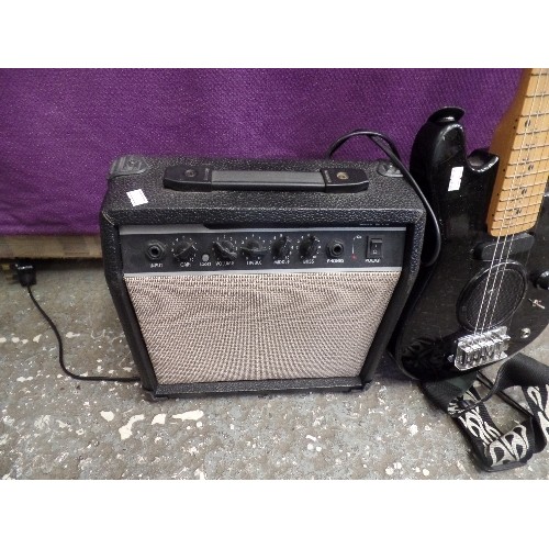 172 - SMALL ELECTRIC GUITAR. JUNIOR SIZE. 'ACOUSTIC SOLUTIONS' WITH STRAP. AND AMP GM-215.