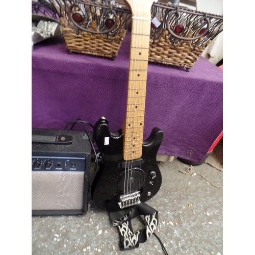 172 - SMALL ELECTRIC GUITAR. JUNIOR SIZE. 'ACOUSTIC SOLUTIONS' WITH STRAP. AND AMP GM-215.