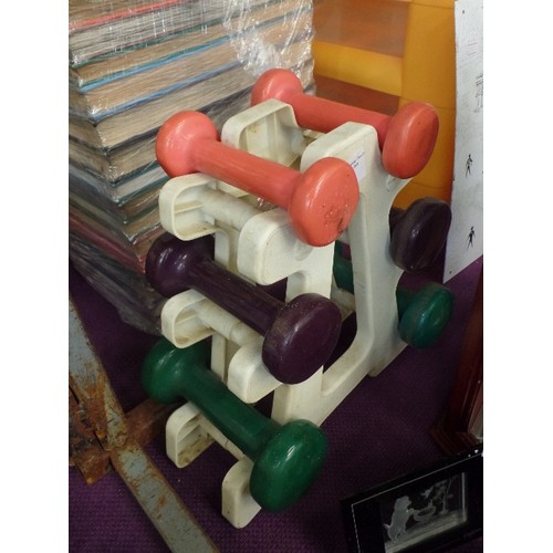 256 - SET OF HAND WEIGHTS. ON STAND.