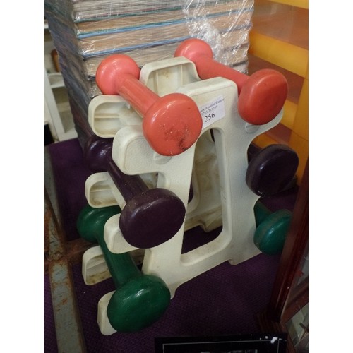 256 - SET OF HAND WEIGHTS. ON STAND.