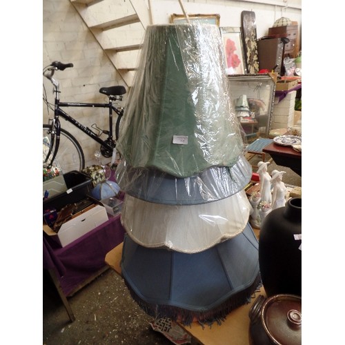 272 - 4 X LARGE LAMP SHADES. NEW/PACKAGED. 2 X CORNFLOWER BLUE, 1 SAGE, AND 1 WHITE.