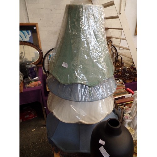 272 - 4 X LARGE LAMP SHADES. NEW/PACKAGED. 2 X CORNFLOWER BLUE, 1 SAGE, AND 1 WHITE.