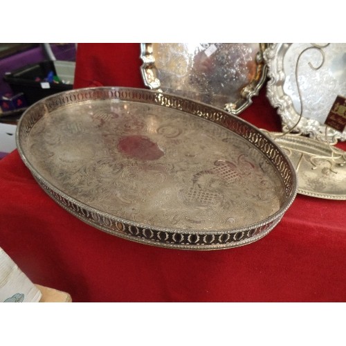 288 - VINTAGE OVAL SILVER-PLATED TRAY CONTAINING SMALLER TRAYS, CANDLESTICKS ETC.