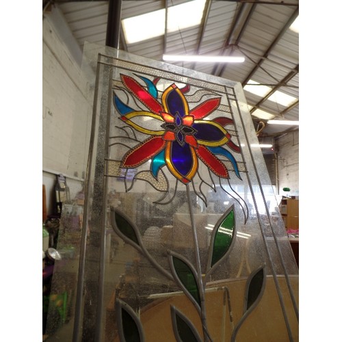 293A - HAND-MADE LEADED STAINED GLASS PANEL. COLOURFUL FLOWER AND LEAVES. 75 X 36CM