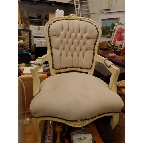 351 - LOUIS STYLE CREAM PAINTED CHAIR. FAUX SUEDE UPHOLSTERY.