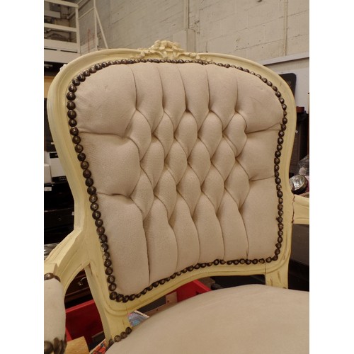 351 - LOUIS STYLE CREAM PAINTED CHAIR. FAUX SUEDE UPHOLSTERY.