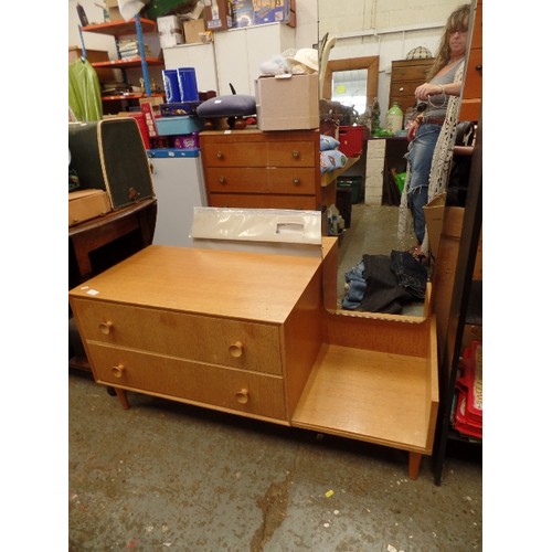 391 - RETRO BEECHWOOD DRESSING TABLE. 2 DRAWERS, TALL SIDE MIRROR, TAPERED LEGS.