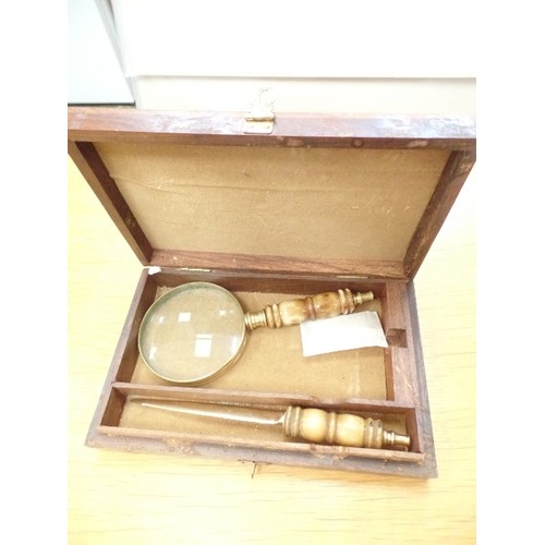 406 - VINTAGE WOODEN BOX, WITH INLAID BRASS SCOUT EMBLEM ON LID. CONTAINS MAGNIFIER AND LETTER OPENER.