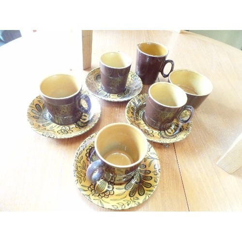 454 - RETRO-VINTAGE PART COFFEE SET. 'GOLDEN AMBER' RIDGEWAY. IRONSTONE. 4 X CUPS/SAUCERS. SUGAR & MILK. H... 