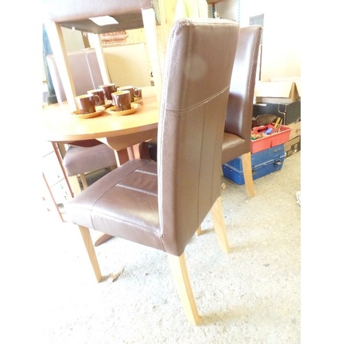 455 - SET OF 4 HIGH BACKED JOHN LEWIS DINING CHAIRS. BROWN FAUX LEATHER WITH BEECH LEGS.